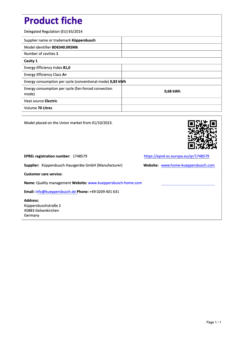 Page 1 de la notice Label énergétique Küppersbusch BD6340.0KSM6