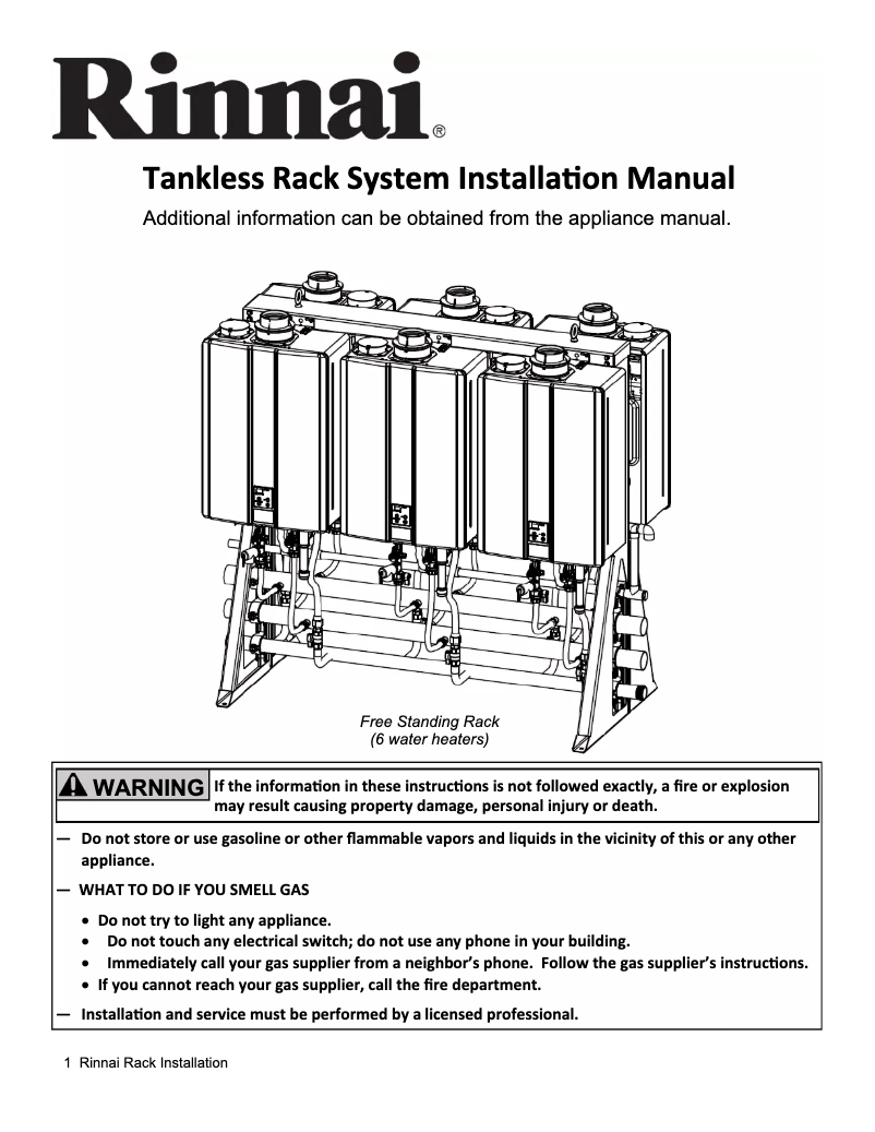 Page 1 de la notice Guide d'installation Rinnai Tankless Rack System TRW02EP