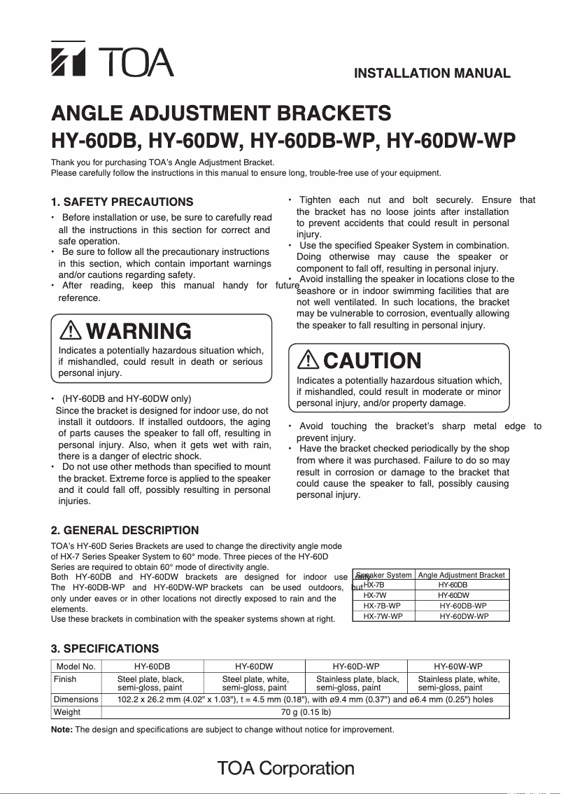 Page 1 de la notice Manuel utilisateur TOA HY-60DW-WP-3