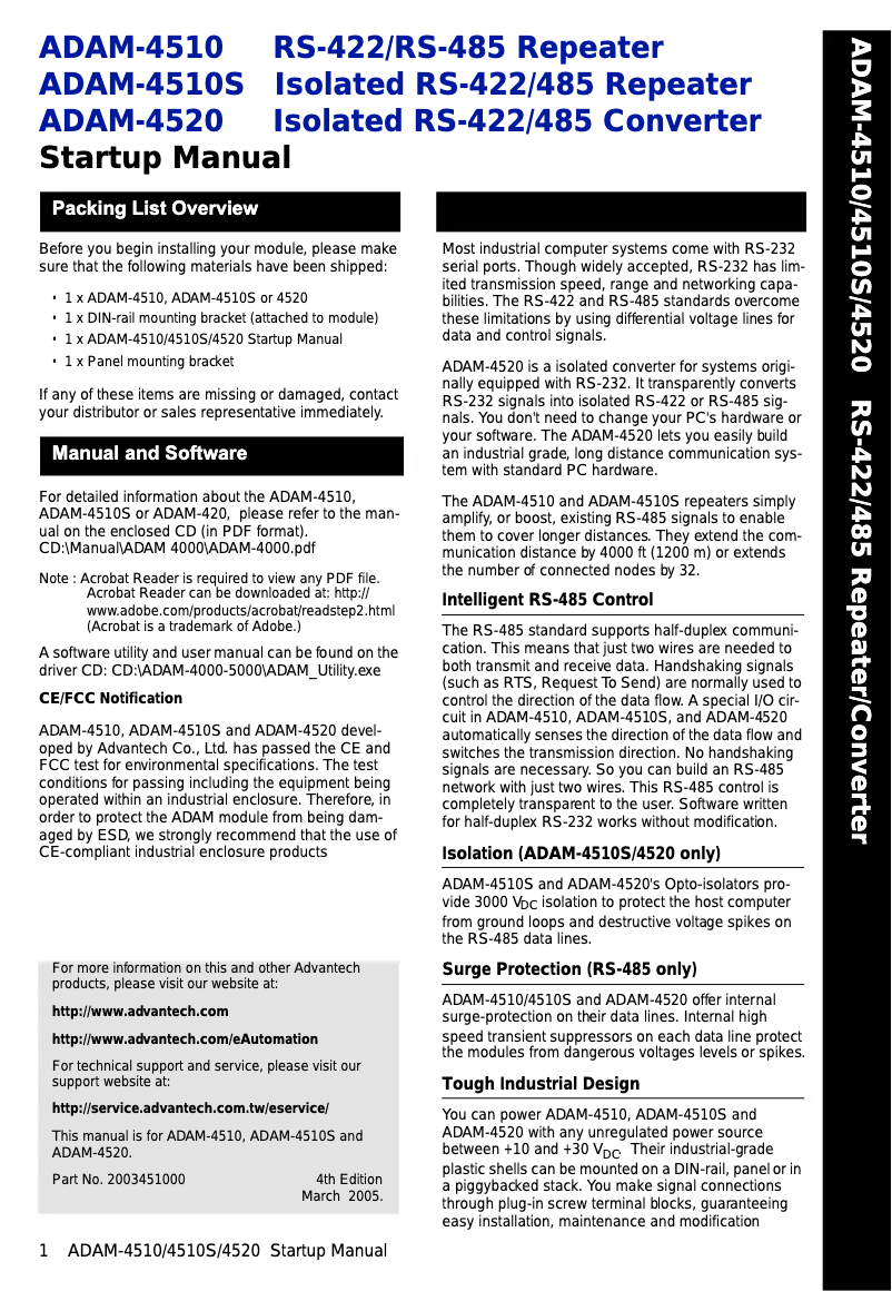 Page n°1 - Manuel utilisateur B&B Electronics ADAM-4510S