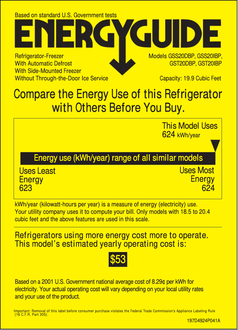 Page 1 de la notice Label énergétique GE GSS20IBPCC