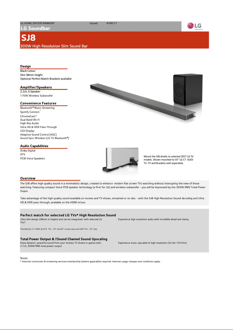 Page 1 de la notice Fiche technique LG SJ8