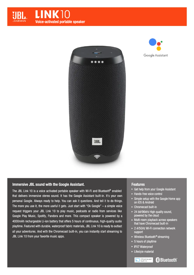 Page 1 de la notice Fiche technique JBL Link 10