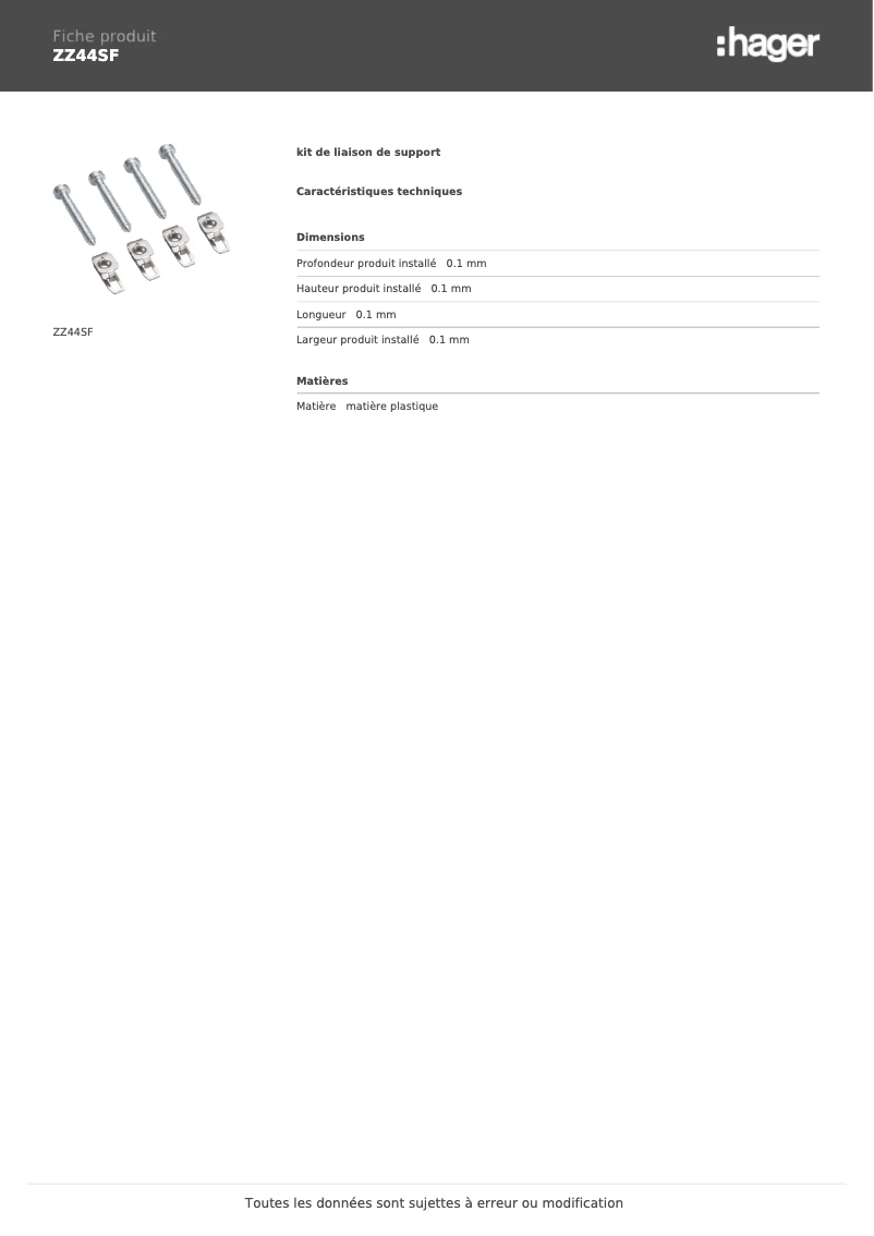 Page n°1 - Fiche technique Hager ZZ44SF