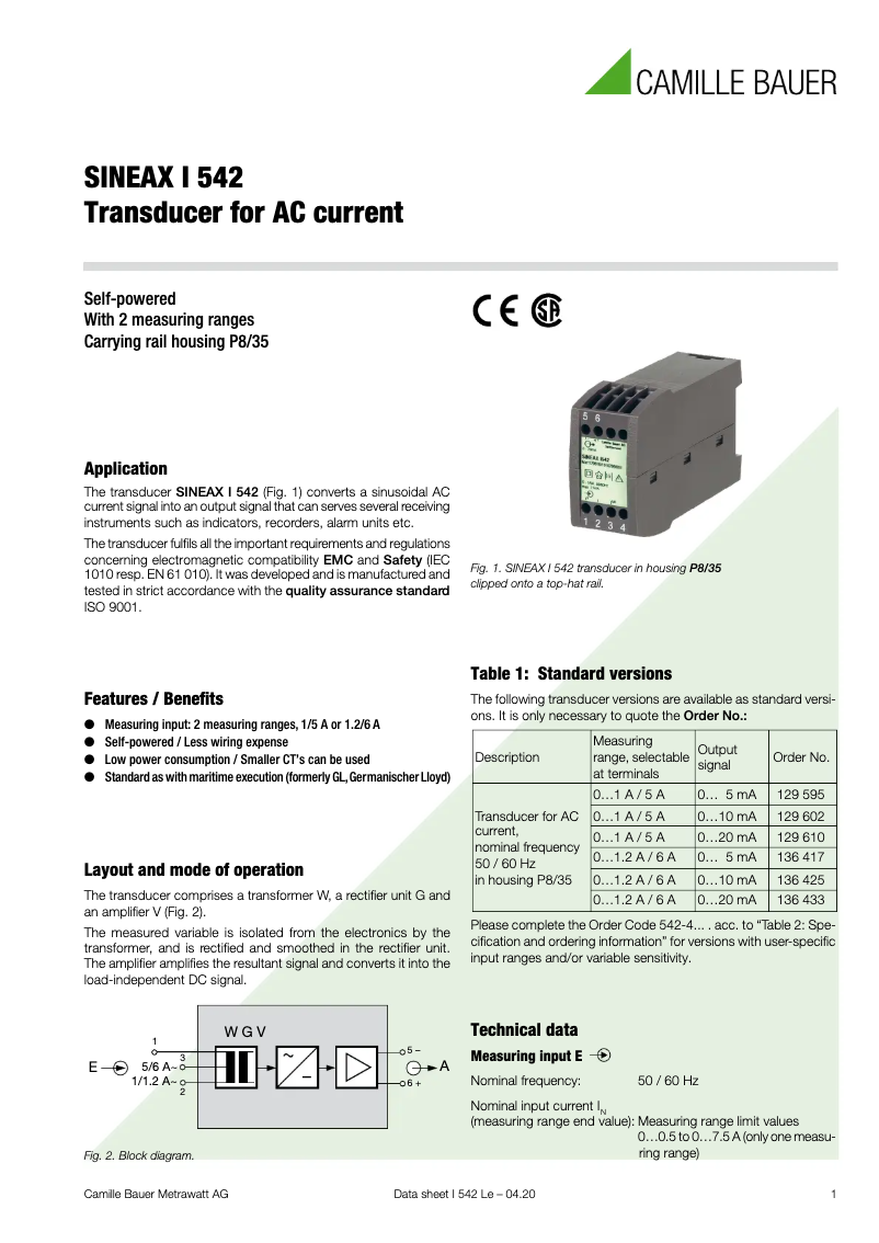 Página 1 del manual Ficha técnica Camille Bauer Sineax I542