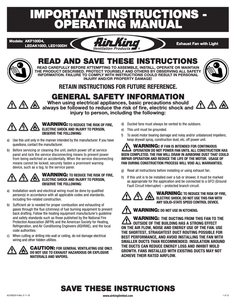 Page 1 de la notice Instructions / montage Air King LEDAK100D