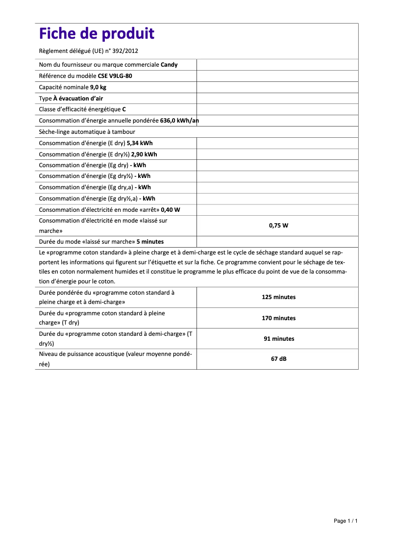 Page 1 de la notice Fiche technique Candy CSE V9LG-80