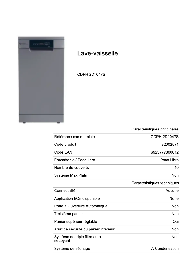 Image de la première page du manuel de l'appareil CDPH 2D1047S