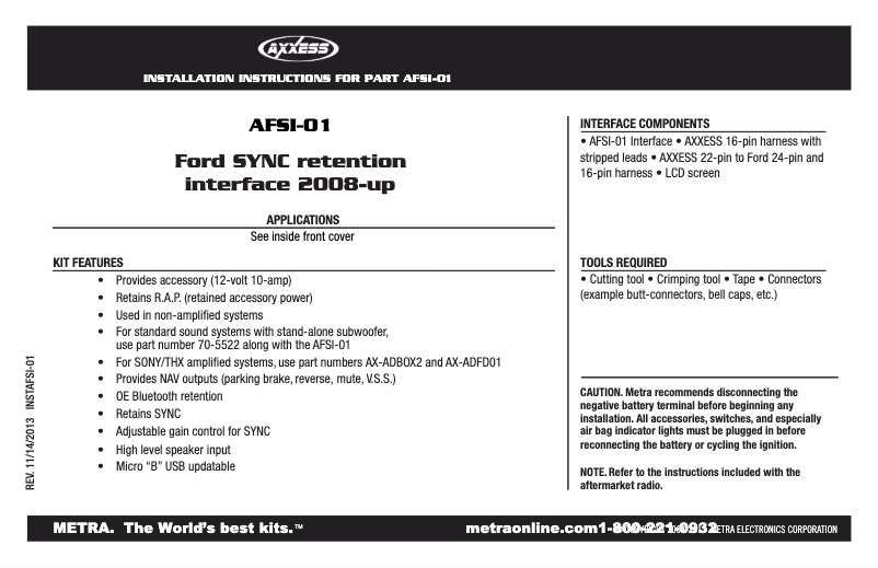 Page 1 de la notice Manuel utilisateur Axxess AFSI-01