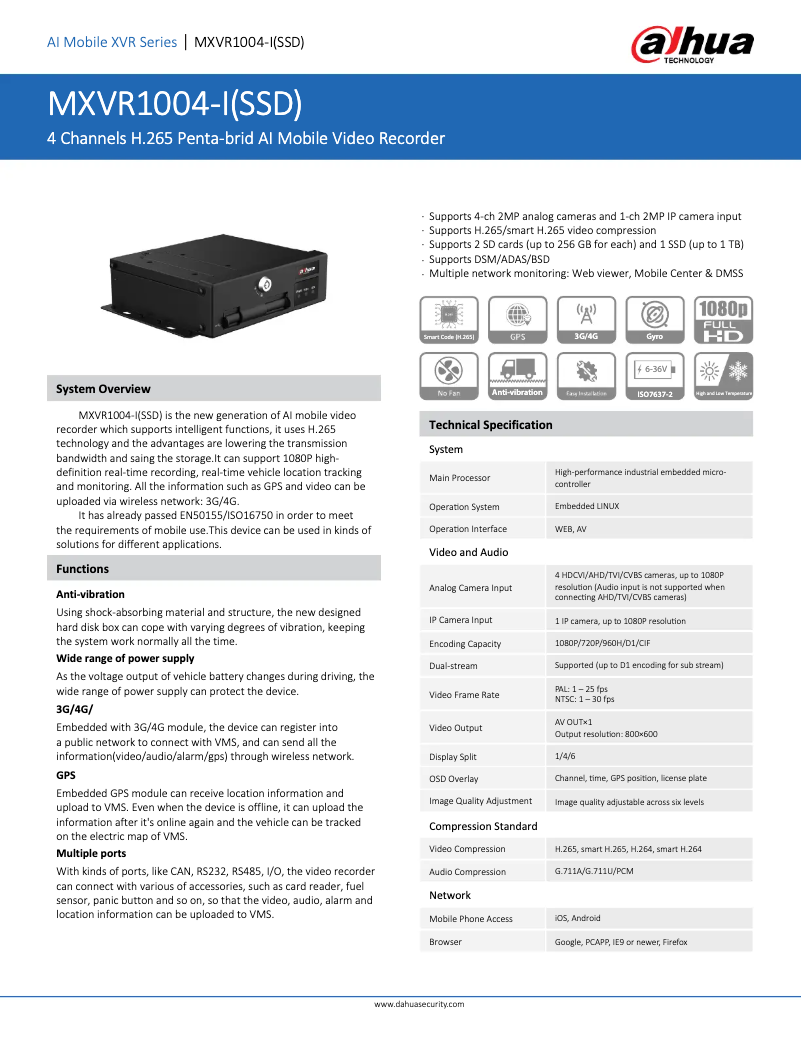 Page 1 de la notice Fiche technique Dahua Technology MXVR1004-GFI