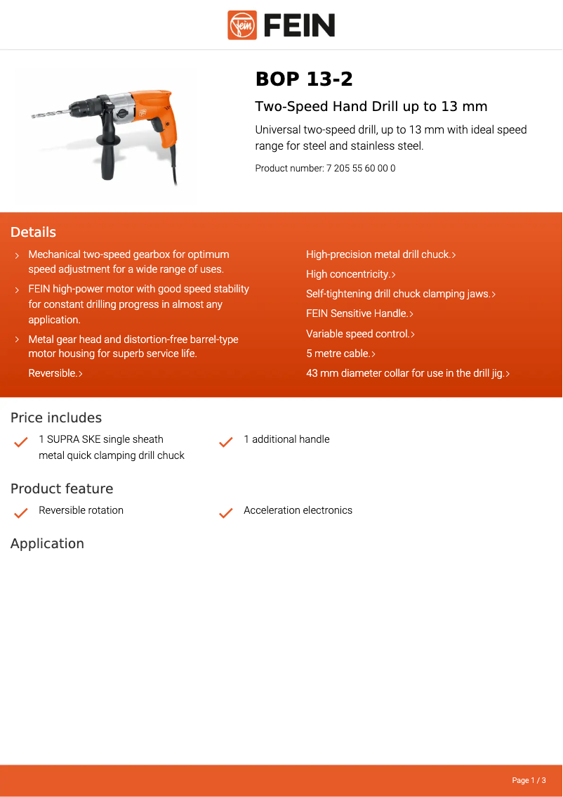 Page 1 de la notice Fiche technique Fein BOP 13-2