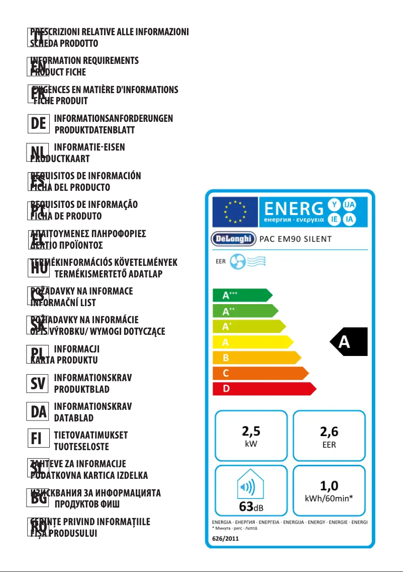 Page 1 de la notice Fiche technique DeLonghi Pinguino PAC EM90 Silent