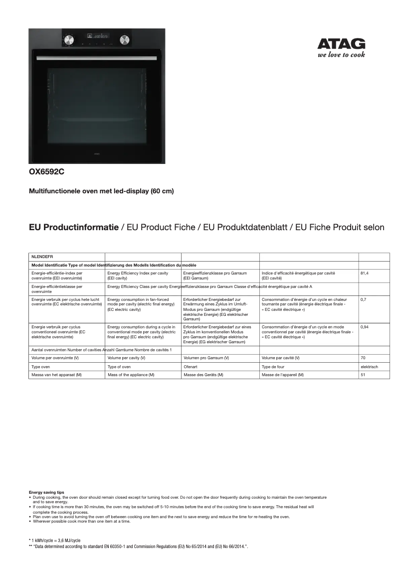 Page 1 de la notice Fiche technique Atag OX6592C