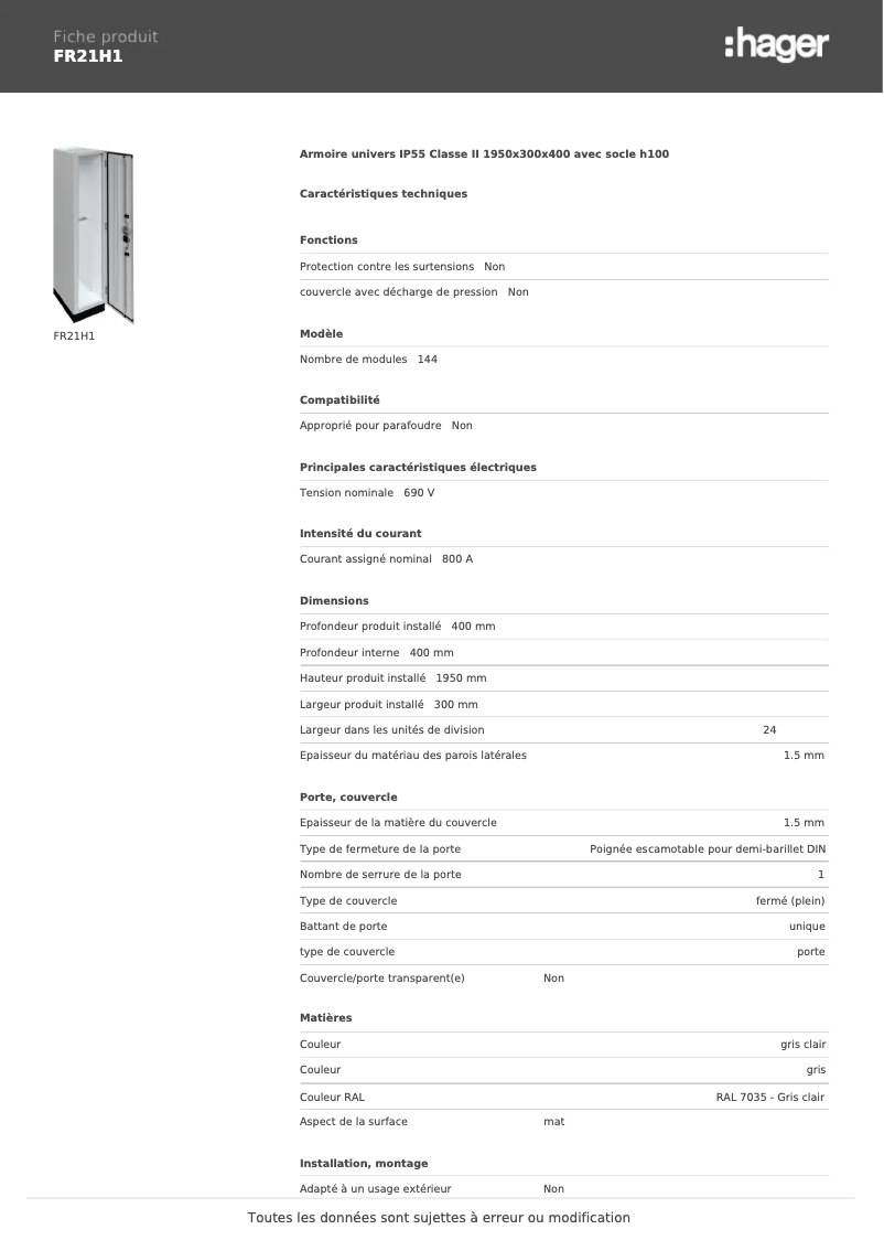 Page n°1 - Fiche technique Hager FR21H1
