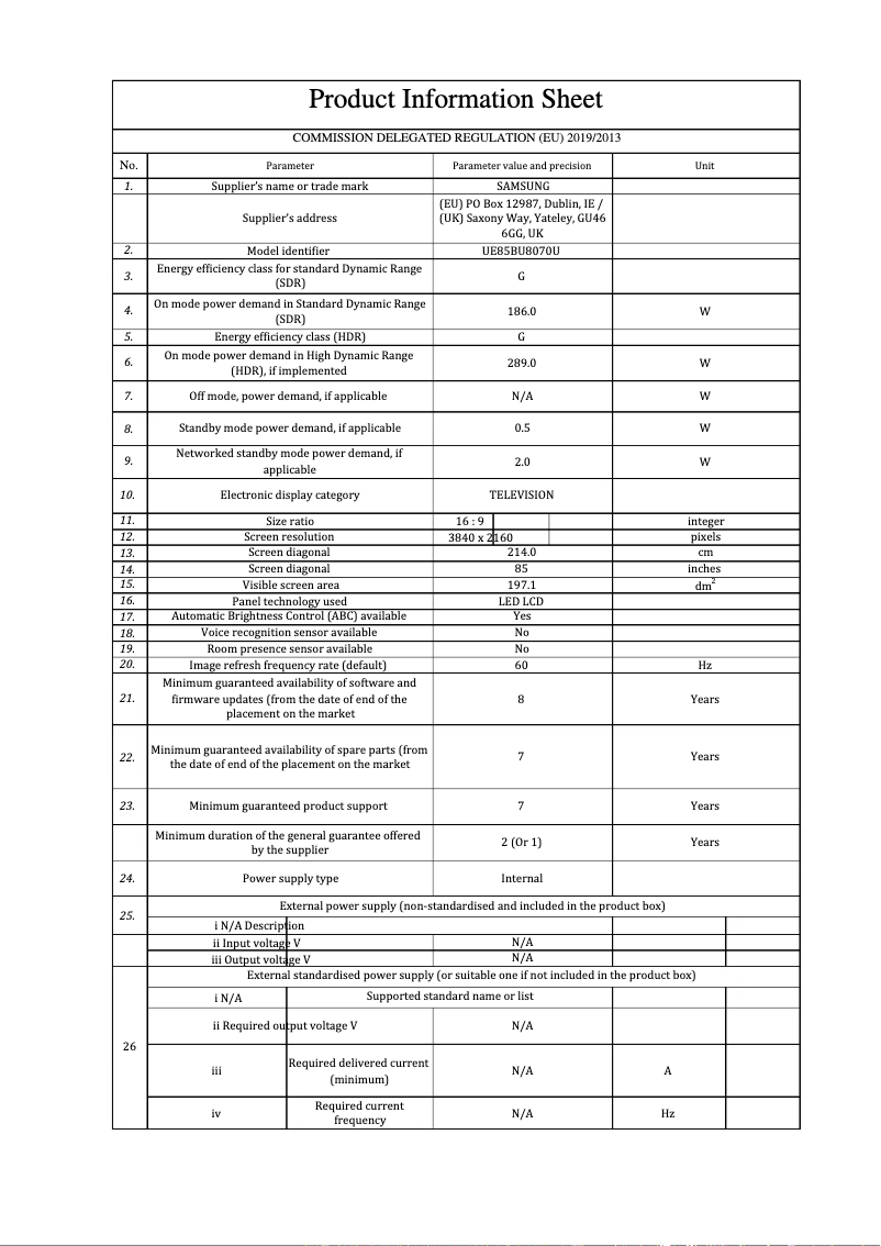 Page n°1 - Fiche technique Samsung UE85BU8070U