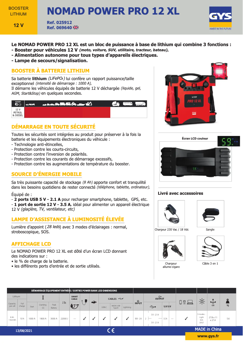 Page 1 de la notice Fiche technique GYS Nomad Power PRO 12 XL