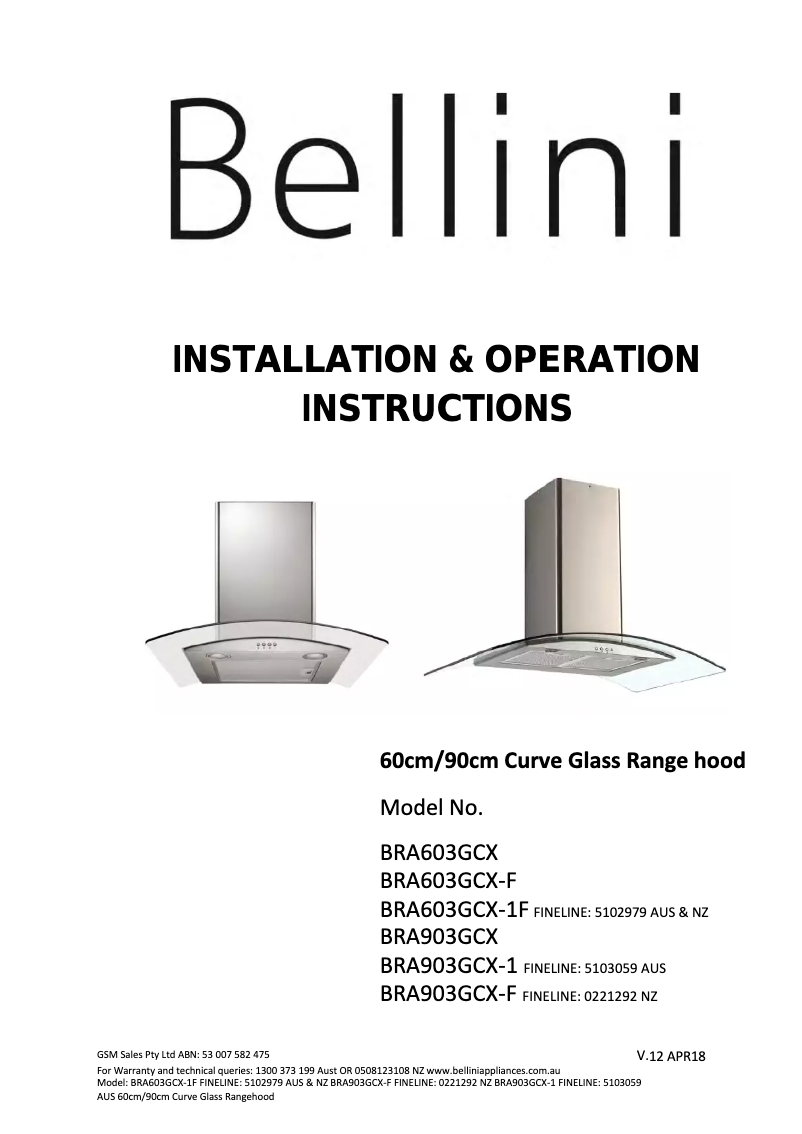 Page n°1 - Manuel utilisateur Bellini BRA603GCX-F