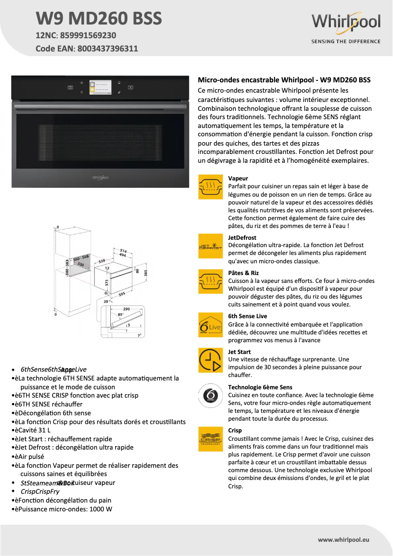 Page 1 de la notice Fiche technique Whirlpool W9 MD260 BSS