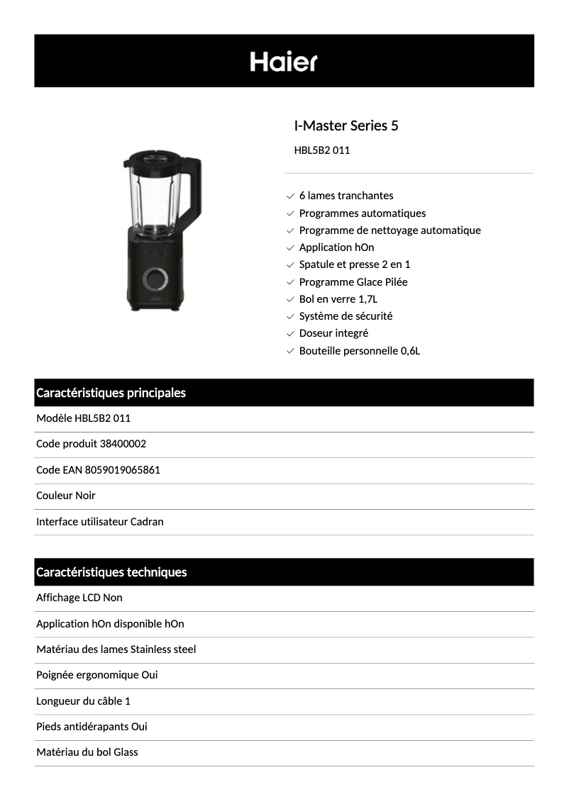 Page 1 de la notice Fiche technique Haier HBL5B2 011