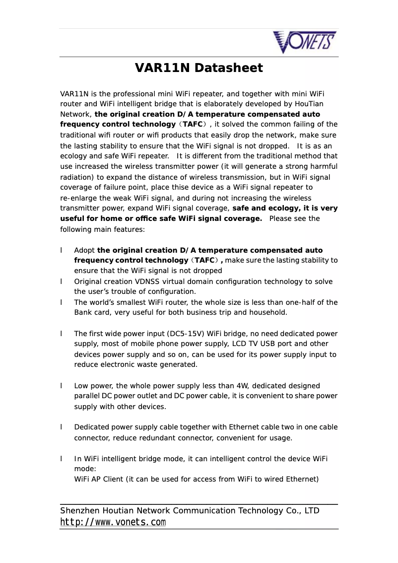 Page n°1 - Manuel utilisateur Vonets VAR11N