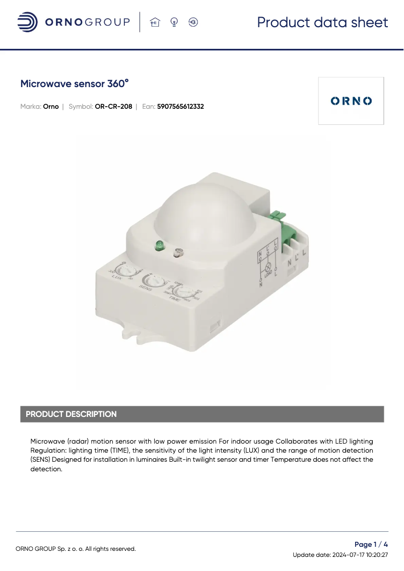 Page 1 de la notice Fiche technique ORNO OR-CR-208