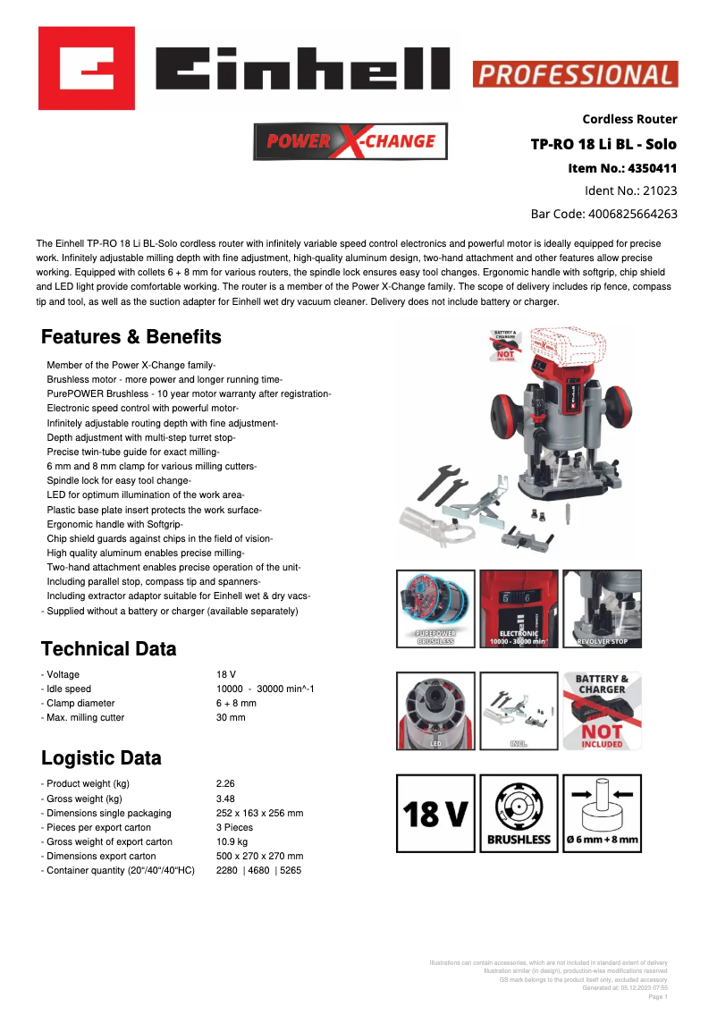 Page n°1 - Fiche technique Einhell TP-RO 18 Li BL