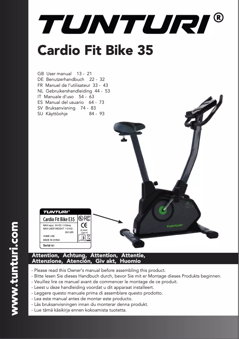 Page n°1 - Manuel utilisateur Tunturi Cardio Fit bike E35