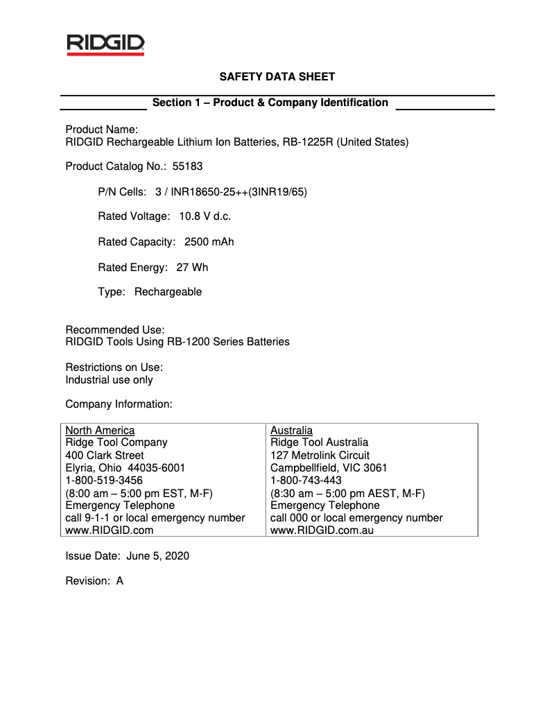 Page 1 de la notice Fiche technique Ridgid RP 241