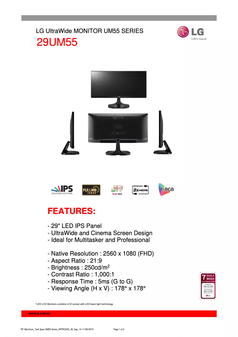 Page n°1 - Fiche technique LG 29UM55-P