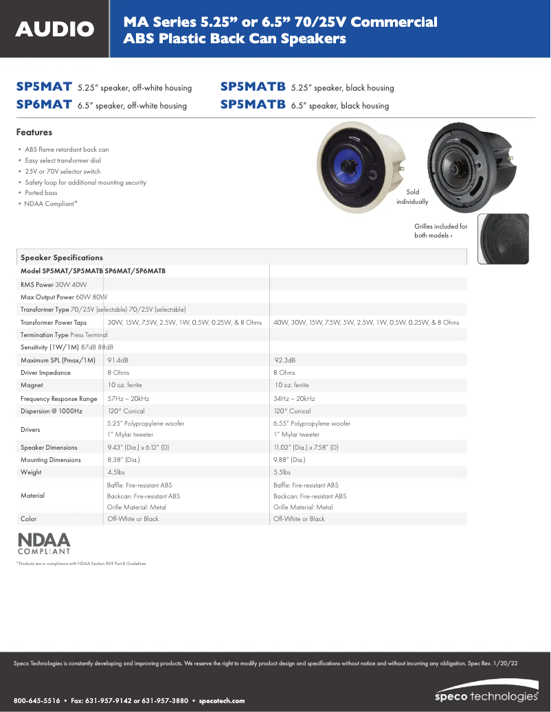 Página 1 del manual Ficha técnica Speco Technologies SP6MATB