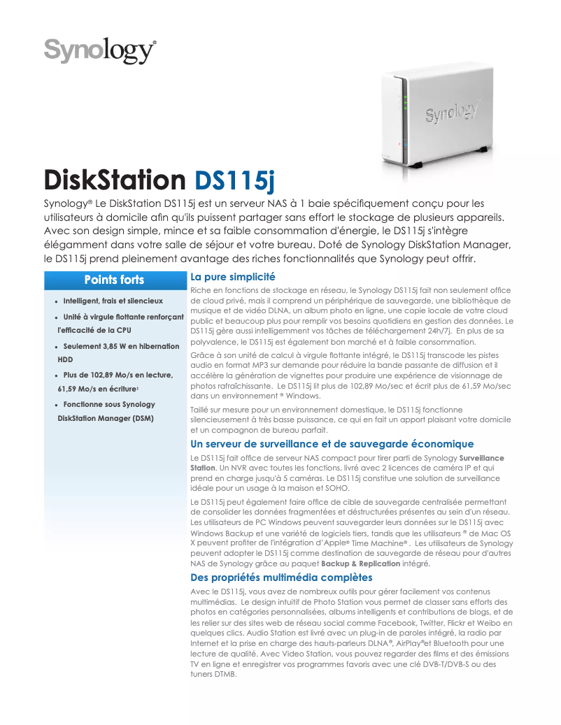 Page 1 de la notice Fiche technique Synology DiskStation DS115j