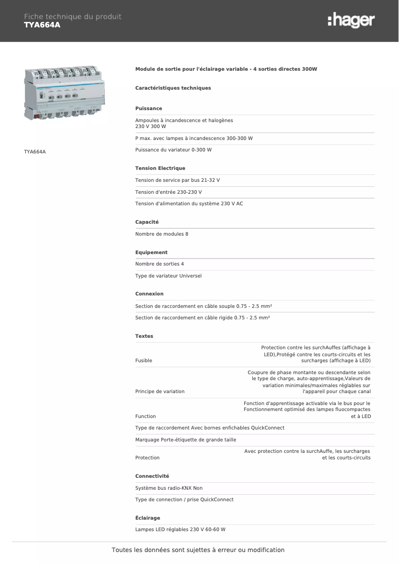 Page n°1 - Fiche technique Hager TYA664A