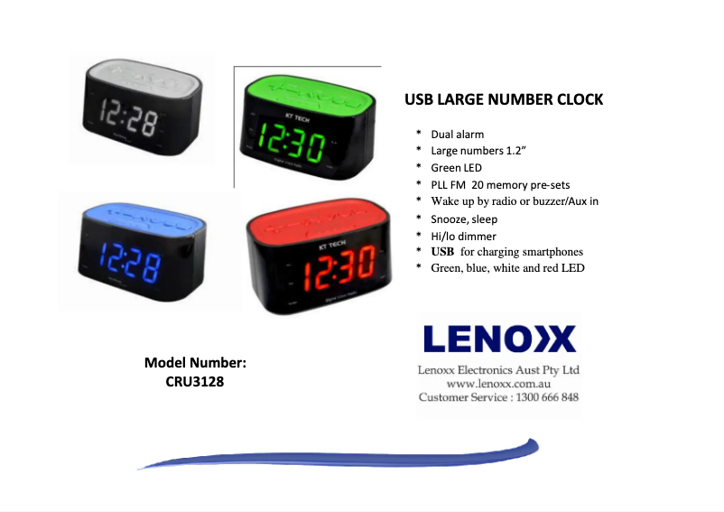 Page 1 de la notice Fiche technique Lenoxx CRU3128