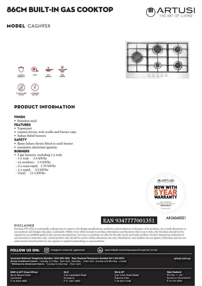 Page n°1 - Fiche technique Artusi CAGH95