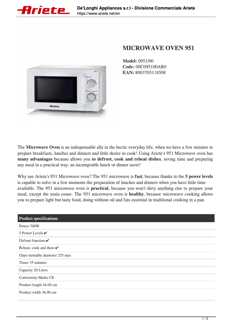 Page 1 de la notice Fiche technique Ariete 0951