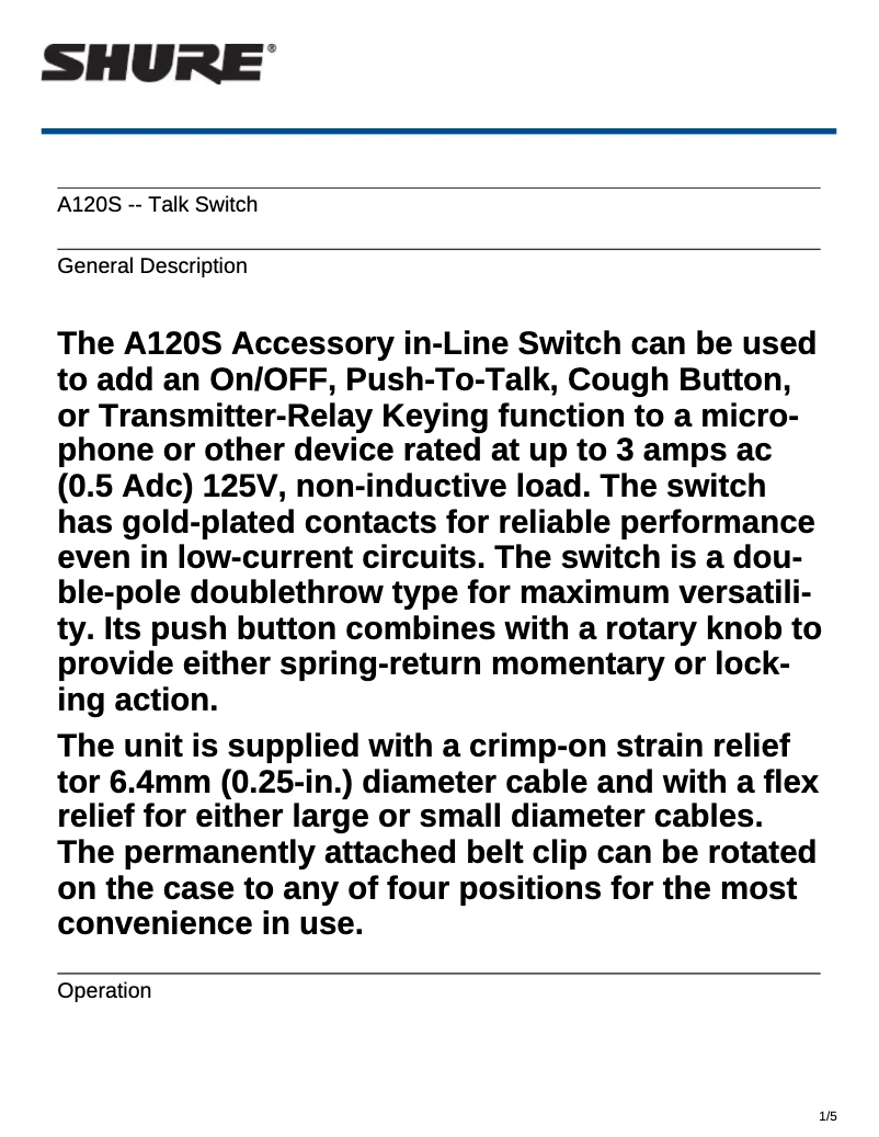 Page 1 de la notice Manuel utilisateur Shure A120S