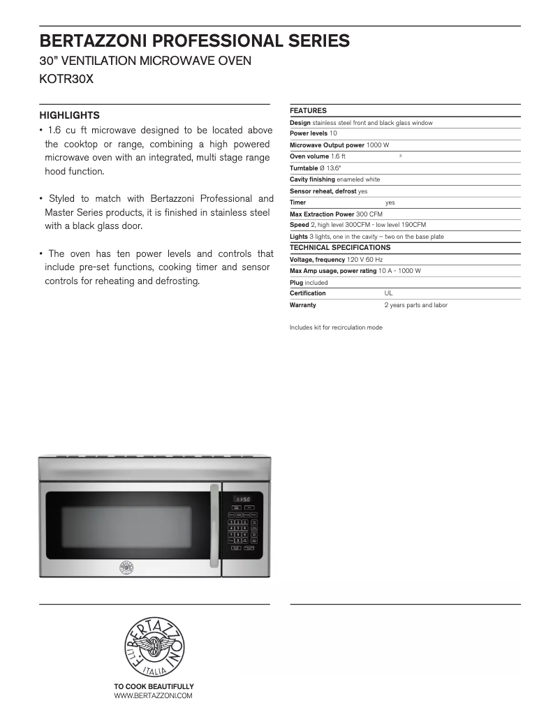 Page 1 de la notice Fiche technique Bertazzoni KOTR30X