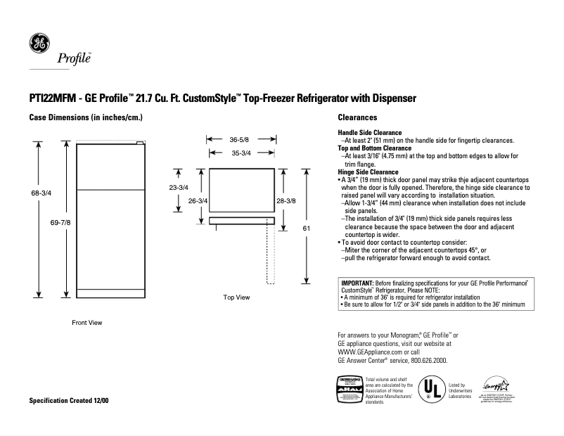 Page n°1 - Fiche technique GE Profile CustomStyle PTI22MFMRWW