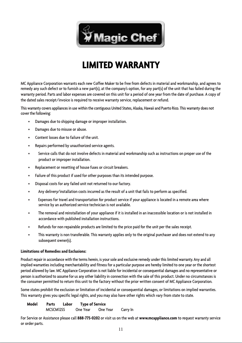 Page 1 de la notice Informations de garantie Magic Chef MCSCM12SS