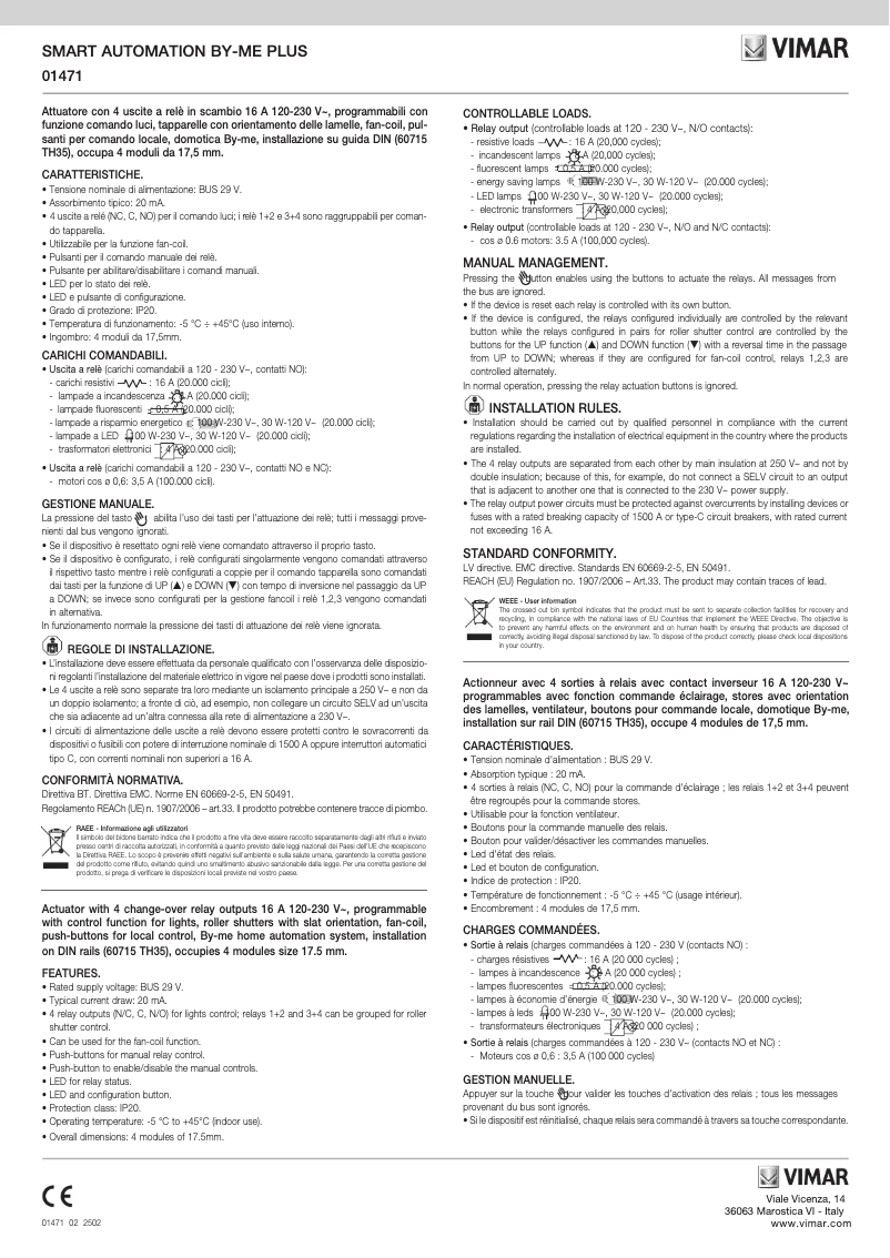 Page n°1 - Manuel utilisateur Vimar 01471