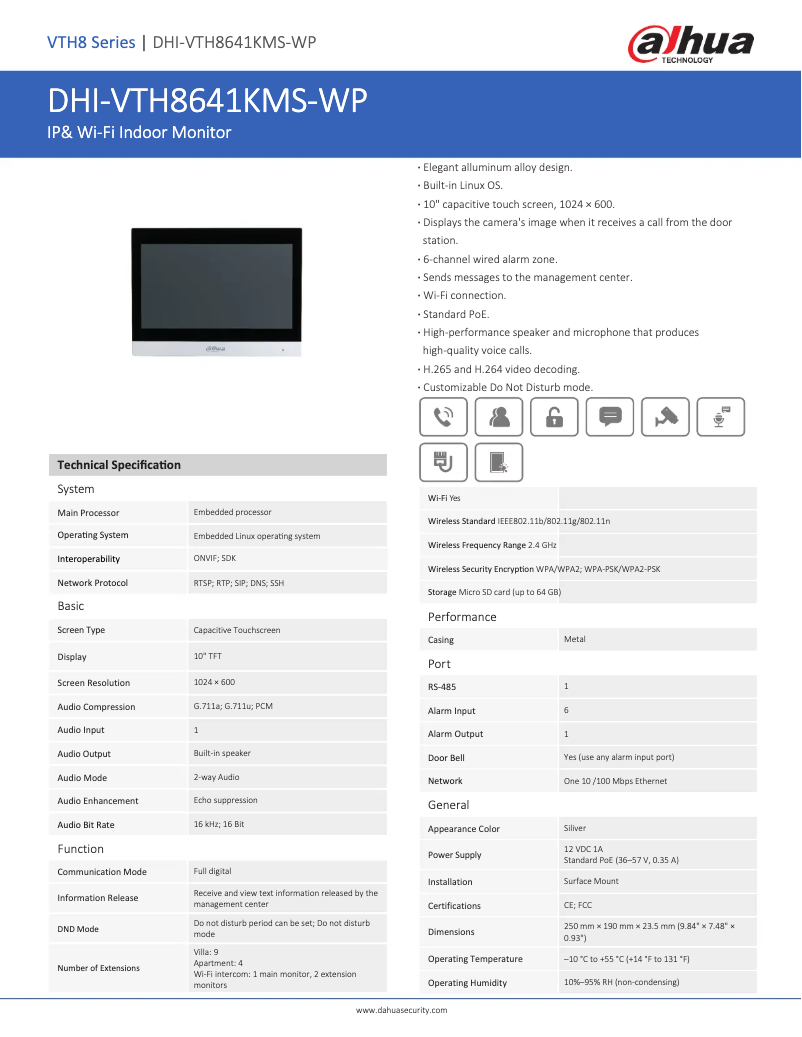 Page 1 de la notice Fiche technique Dahua Technology VTH8641KMS-WP