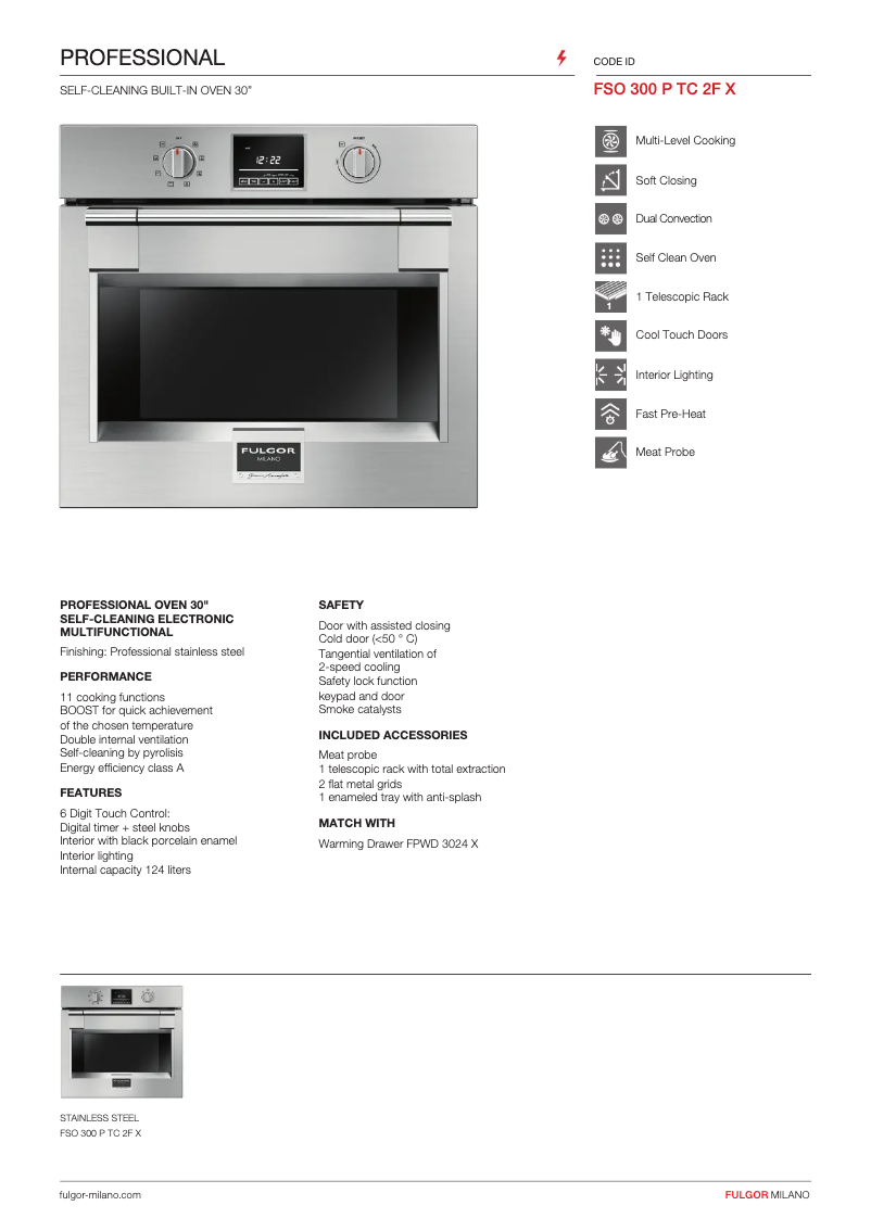 Page 1 de la notice Fiche technique Fulgor Milano FSO 300 P TC 2F X