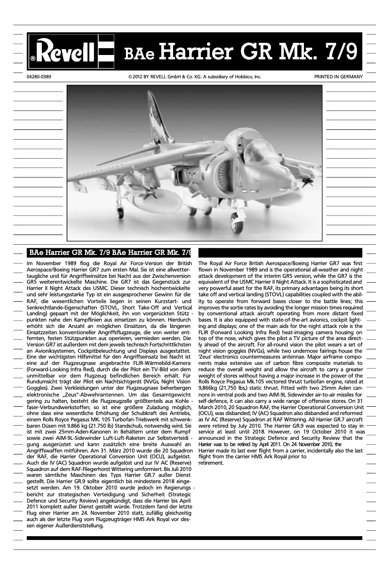 Image de la première page du manuel de l'appareil BAe Harrier GR Mk.7