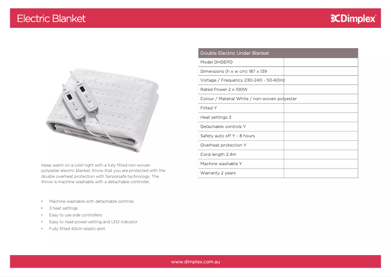 Page 1 de la notice Fiche technique Dimplex DHDEPD