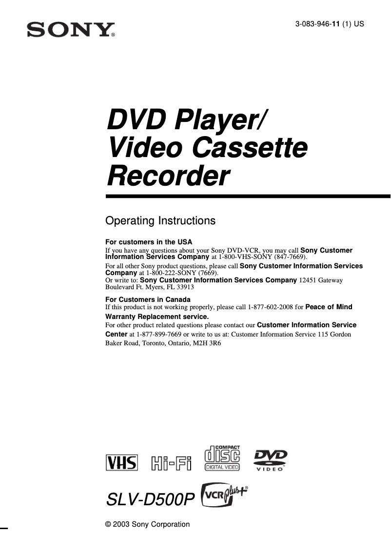 Page 1 de la notice Manuel utilisateur Sony SLV-D500P