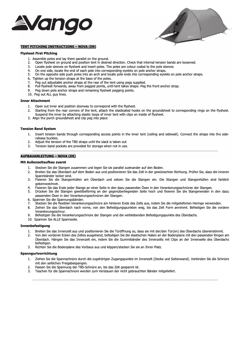 Page 1 de la notice Manuel utilisateur Vango Nova 200