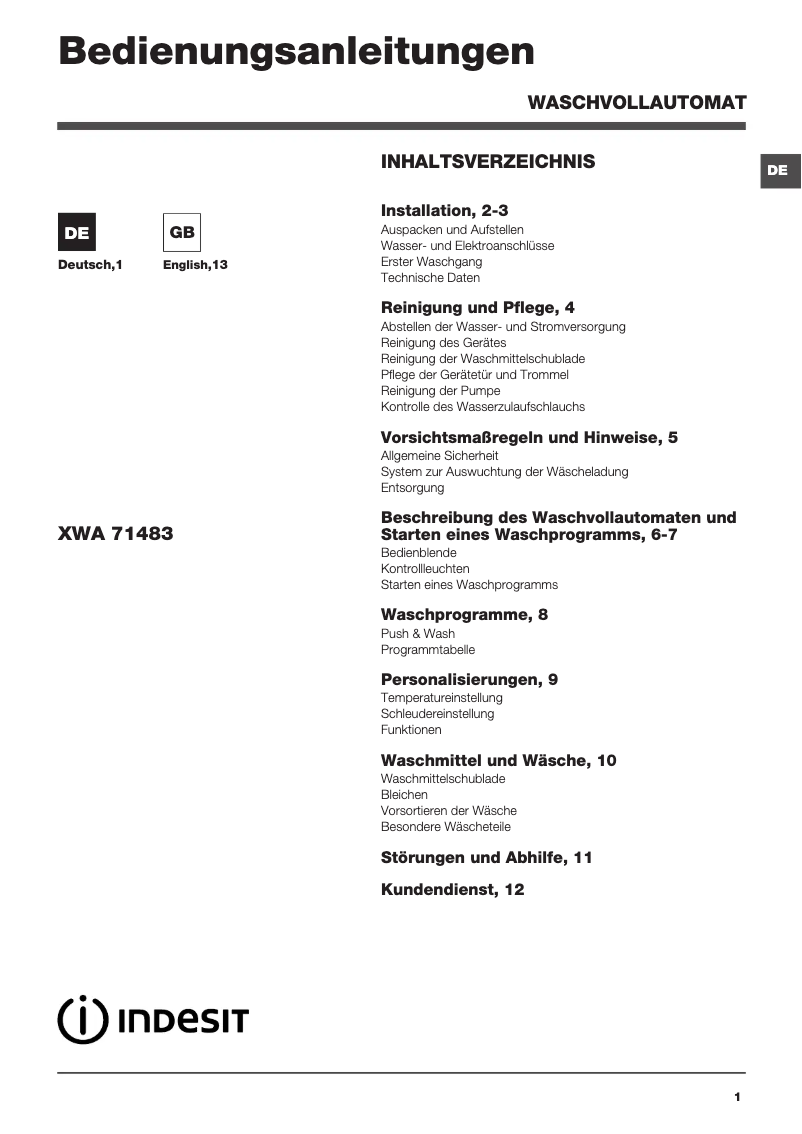 Page n°1 - Manuel utilisateur Indesit XWA 71483 X W