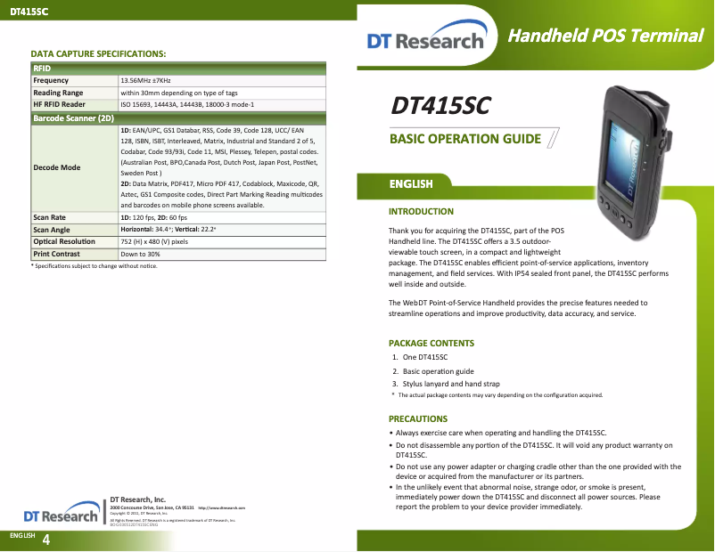 Page 1 de la notice Manuel utilisateur DT Research DT415