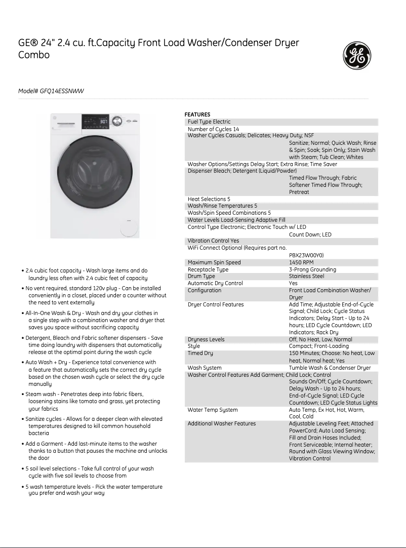 Page 1 de la notice Fiche technique GE GFQ14ESSNWW