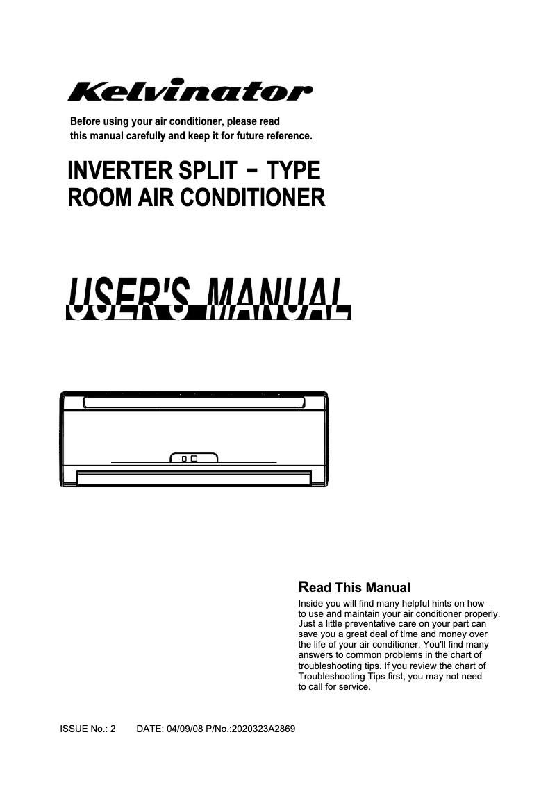 Page n°1 - Manuel utilisateur Kelvinator KSV26HRA